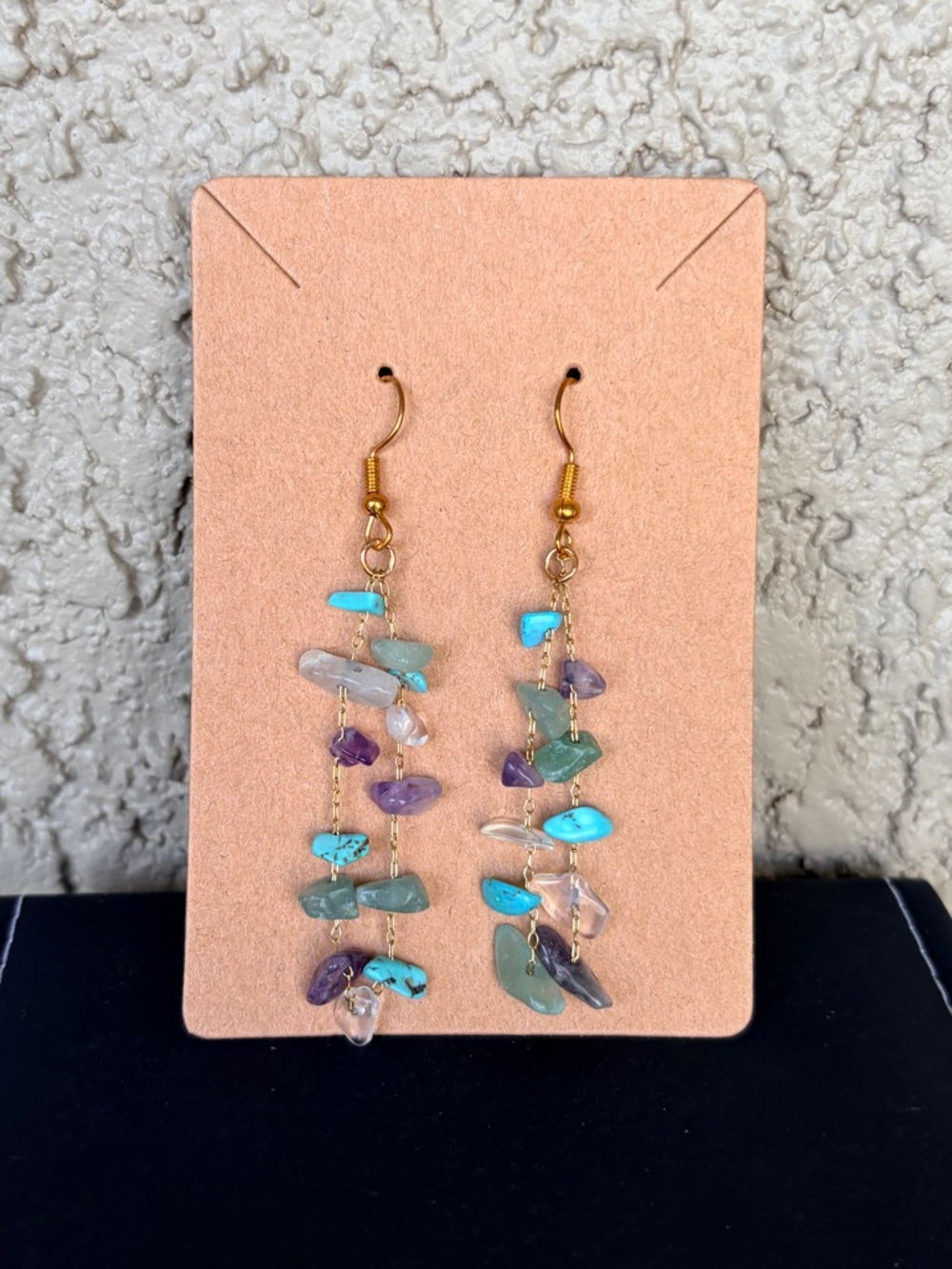 Bohemian Gold-Tone Multi-Stone Dangle Earrings — Turquoise, Purple & Clear